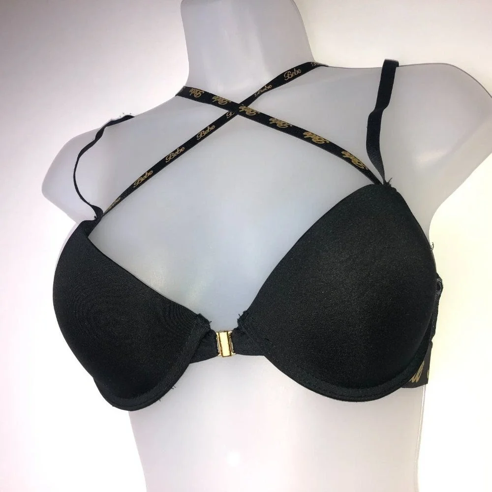 Bebe Black Pushup Bra w/Gold‎ Accents Front Clasp 34C Strappy Mob Wife